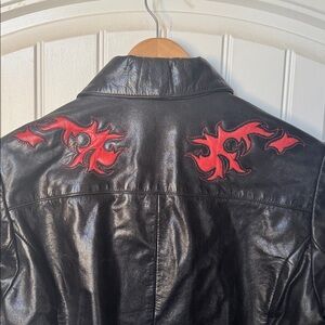Black Genuine Leather Jacket with Red Flame Details Women’s Sz L
